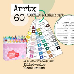 Op de afbeelding: Een set van 60 Arrtx acrylmarkers in een roze doos, met een kleurenpalet. De markers hebben verschillende kleuren en de set bevat een afdrukbare PDF-kleurentabel om in te vullen. De tekst "Arrtx 60 Acrylic Marker Set" is zichtbaar.