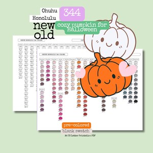 Op de afbeelding: Een printbare kleurenkaart voor Ohuhu Honolulu 344 markers met een raster van pompoenpictogrammen. Het document bevat tekstlabels zoals Ohuhu Honolulu 344 colors, cozy pumpkin for Halloween en A4 US Letter Printable PDF met illustraties.