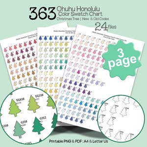 Pode incluir: Gráfico de amostras de cores com o texto "363 Ohuhu Honolulu Color Swatch Chart Christmas Tree | New & Old Codes". O gráfico inclui amostras de cores em forma de árvores de Natal, com uma inserção circular verde mostrando os códigos de cores.