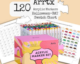 Rotuladores acrílicos Arrtx 120A con diseño de murciélago de Halloween, tabla de muestras de color y en blanco, descarga en formato A4.