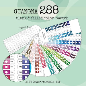 Op de afbeelding: Een kleurenwaaier met de tekst "GUANGNA 288 blank & filled color swatch". De waaier toont een reeks kleuren, waaronder blauw, groen, roze en bruin. De tekst "Free 2 DIY" en "A4 US Letter Printable: PDF" zijn ook zichtbaar.