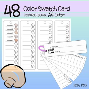 Op de afbeelding: Een witte kleurstalenkaart met de tekst "48 Color Swatch Card" en "PORTABLE BLANK A4, Letter". De kaart bevat een ring met kleurstalen en een label met de velden "Brand:" en "Set:". De afbeelding bevat ook de tekst "PDF, PNG".
