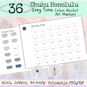 36 Grauton Ohuhu Honolulu Farbkarte, Alkoholmarker, Farbmuster Vorlage zum ausdrucken, Coloriage PDF PNG, druckbare Farbkarte für Rechtecke