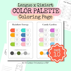 May include: A printable color palette coloring page labeled "Languo x Qimiart COLOR PALETTE Coloring Page." Features color swatches in "Rainbow Energy" and "Candy Garden" themes, with complementary accent colors. Includes the text "A4 US Letter Printable: PDF" and a "set 10" sticker.
