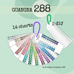 May include: A colour chart fan with 288 colour swatches, labelled "GUANGNA 288". The fan includes 14 charts and 2 DIY templates. The colour palette ranges from neutral to vibrant hues, with a variety of shades and tones. The text "A4 US Letter Printable: PDF" is also visible.