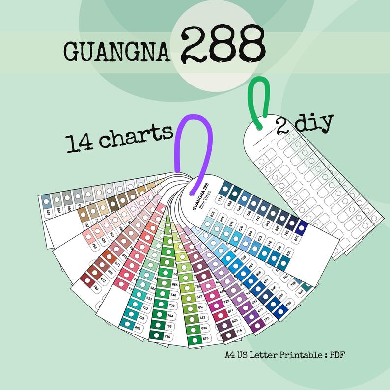 May include: A colour chart fan with 288 colour swatches, labelled "GUANGNA 288". The fan includes 14 charts and 2 DIY templates. The colour palette ranges from neutral to vibrant hues, with a variety of shades and tones. The text "A4 US Letter Printable: PDF" is also visible.