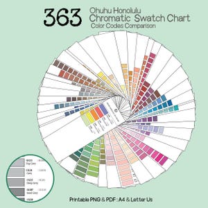 Op de afbeelding: Een kleurenpalet met het nummer "363" bovenaan. De kaart is een cirkelvormige waaier van kleurstalen, met een verscheidenheid aan kleuren. De tekst "Ohuhu Honolulu Chromatic Swatch Chart Color Codes Comparison" is ook aanwezig. De tekst onderaan luidt "Printable PNG & PDF: A4 & Letter Us".