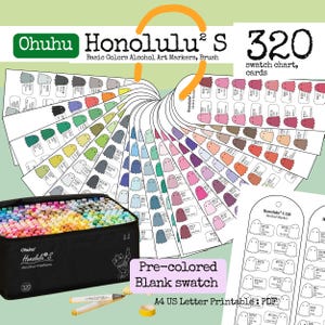 May include: A black carrying case filled with 320 Ohuhu Honolulu 2 S alcohol art markers, accompanied by a fan-style swatch chart featuring ghost-shaped color samples, and a separate A4 US Letter printable PDF sheet for pre-colored blank swatches.
