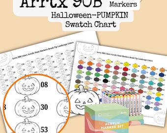 Rotuladores acrílicos Arrtx 90B con diseño de calabaza de Halloween, tabla de muestras de color y en blanco, formato A4 (descarga gratuita)