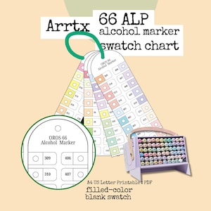 Könnte beinhalten: Ein Farbmuster für 66 ALP-Alkoholmarker von Arrtx. Die Karte enthält Farbmuster und einen farbcodierten Markerhalter. Der Text auf der Karte lautet "OROS 66 Alcohol Marker" und "A4 US Letter Printable: PDF filled-color blank swatch."