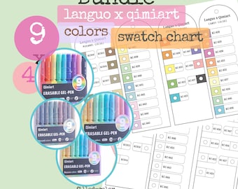 Paquete Languo x Qimiart con 9 colores de bolígrafos de gel y tabla de muestras, fácil de imprimir.