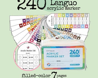 Rotuladores de pintura acrílica Languo 240, tabla de muestras de color y en blanco, descarga fácil en formato A4.
