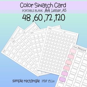 May include: Color swatch cards with the text "Color Swatch Card" and "PORTABLE BLANK A4, Letter, A5". The cards have a grid of small rectangles and the text "48, 60, 72, 120". The text "simple rectangle PDF file" is also present.