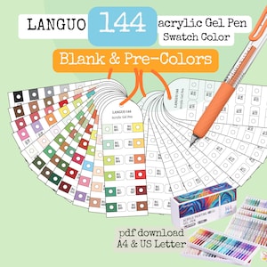 Puede incluir: Una carta de colores en forma de abanico para bolígrafos de gel acrílico LANGUO 144, con círculos de color impresos y etiquetas. Un bolígrafo de gel con cuerpo naranja está sujeto a la carta. Se ven una caja y una bandeja de bolígrafos, con el texto pdf download A4 & US Letter.