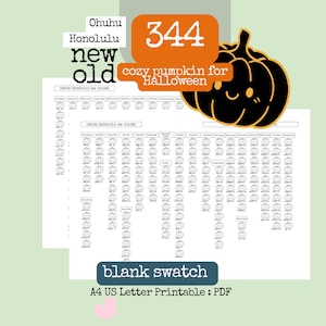 Op de afbeelding: Een printbare kleurenkaart voor Ohuhu Honolulu markers met 344 kleine pompoenomtrekken. Het document bevat de tekst Ohuhu Honolulu 344 colors, cozy pumpkin for Halloween, blank swatch en A4 US Letter Printable : PDF.