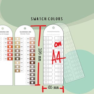 May include: A colour swatch card with the text "SWATCH COLORS" and measurements of 19.5 cm in height and 6.5 cm in width. The card has multiple colour samples and the text "on A4".