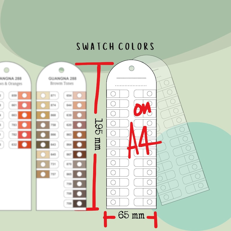 May include: A colour swatch card with the text "SWATCH COLORS" and measurements of 19.5 cm in height and 6.5 cm in width. The card has multiple colour samples and the text "on A4".