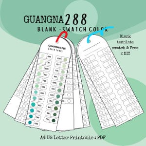 Pode incluir: Um PDF imprimível com amostras de cores rotuladas como "GUANGNA 288 GREEN TONES". As amostras estão dispostas em um cartão com anéis, com um cartão de modelo em branco ao lado. O texto "Blank template swatch & Free 2 DIY" também é visível.