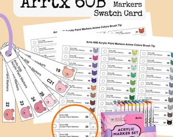Tarjetas de muestras de marcadores acrílicos Arrtx 60B, tabla de colores Cozy Bear en PDF (tamaño carta A4) para descargar.