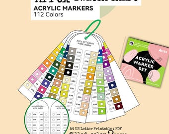 Rotuladores acrílicos Arrtx 112, tabla de muestras de color y en blanco, descarga fácil en formato A4.