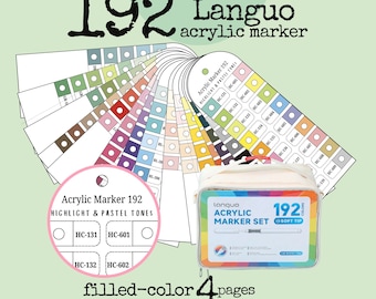 Marcadores de pintura acrílica Languo 192, tabla de muestras de color y en blanco, descarga fácil en formato A4.