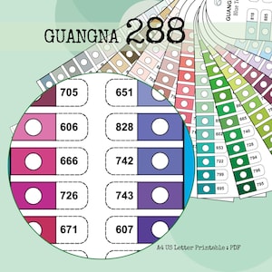 May include: A colour chart fan with the text "GUANGNA 288" and a close-up of colour swatches. The swatches are in shades of pink, purple, blue, and green, with corresponding numbers. The chart is labelled "A4 US Letter Printable: PDF".