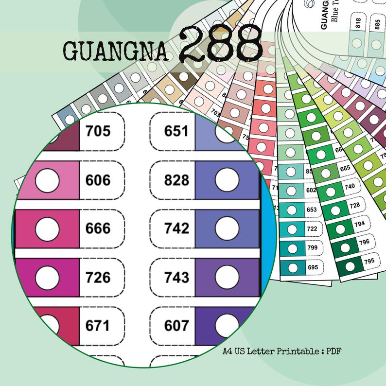 May include: A colour chart fan with the text "GUANGNA 288" and a close-up of colour swatches. The swatches are in shades of pink, purple, blue, and green, with corresponding numbers. The chart is labelled "A4 US Letter Printable: PDF".
