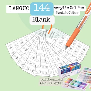 Op de afbeelding: Een waaiervormige set witte papieren kleurstaalkaarten voor 144 acryl gelpennen, gelabeld LANGUO 144 Acrylic Gel Pen Swatch Color Blank. Inclusief een oranje gelpen en een doos met 144 acryl gelpennen, met tekst voor een PDF-download.