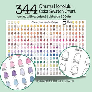 May include: A color swatch chart labeled "Ohuhu Honolulu 344 Colors" with 344 color swatches arranged in rows. The chart includes two circular close-ups of ghost-shaped color swatches. Text includes "comes with cute boo!" and "Printable PNG & PDF: A4 & Letter US".