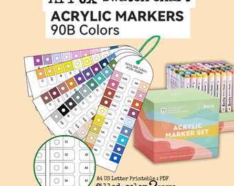 Rotuladores acrílicos Arrtx 90B para anime, tabla de muestras de color y en blanco, descarga fácil en formato A4.