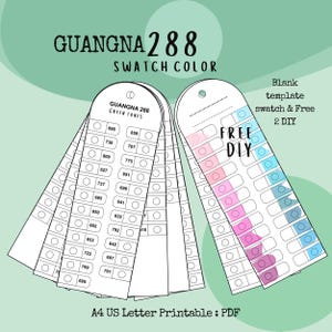 May include: A digital swatch colour chart labelled "GUANGNA 288 SWATCH COLOR" with "GREEN TONES" listed. The chart includes colour swatches and the text "FREE DIY" and "Blank template swatch & Free 2 DIY". The document is A4 US Letter Printable.