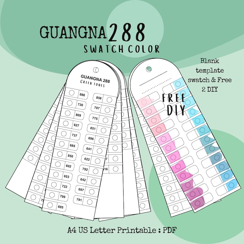May include: A digital swatch colour chart labelled "GUANGNA 288 SWATCH COLOR" with "GREEN TONES" listed. The chart includes colour swatches and the text "FREE DIY" and "Blank template swatch & Free 2 DIY". The document is A4 US Letter Printable.
