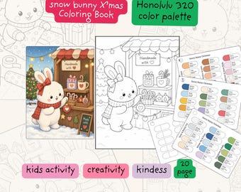 Snowy Bunny Christmas Coloring Pages, Kids Holiday Activity (20 PDF Pages)
