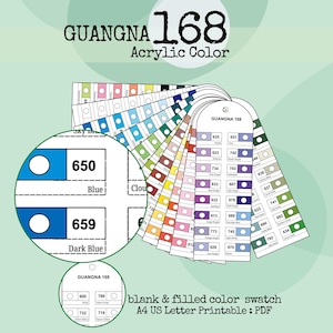Puede incluir: Una carta de colores para pinturas acrílicas GUANGNA 168. La carta incluye una variedad de muestras de color, con nombres y números. La imagen también incluye primeros planos de las muestras azul y azul oscuro, y el texto "blank & filled color swatch A4 US Letter Printable: PDF."