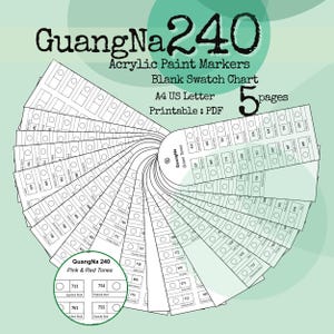 May include: A blank swatch chart for GuangNa 240 acrylic paint markers. The chart is designed for A4 US Letter paper and is printable in PDF format. The design includes a fan of color swatches with the text "GuangNa 240" and "Pink & Red Tones".