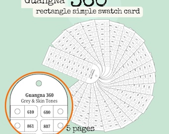 May include: A GuangNa 360 rectangle simple swatch card set featuring 5 pages of A4 printable PDF templates. The white cards are arranged in a fan shape, each containing numbered rectangular boxes with circular markers for colour samples.
