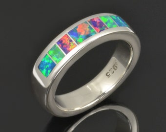 Rainbow Opal Ring, Lab Opal Ring, Lab Opal Wedding Band, Lab Created Opal Ring