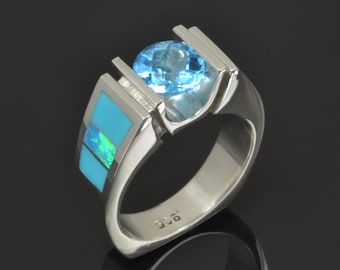 Turquoise Engagement Ring with Blue Topaz and Lab Opal Accents- Lab Opal Ring with Turquoise and Topaz Accents in Sterling Silver