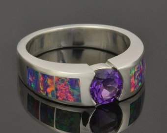 Lab creëerde opaal ring met amethist center steen in sterling zilver, lab opaal ring, lab opaal verlovingsring, opaal ring, amethist ring