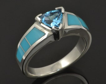 Turquoise Engagement Ring with Trillion Blue Topaz in Sterling Silver - Turquoise Ring - Turquoise Wedding Ring - Spiderweb Turquoise RIng