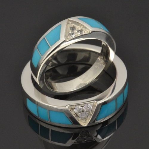 Turquoise Wedding Ring Set With White Sapphires Turquoise Etsy