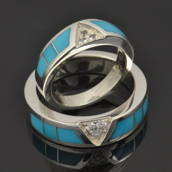 Turquoise Wedding Ring Set With White Sapphires Turquoise | Etsy