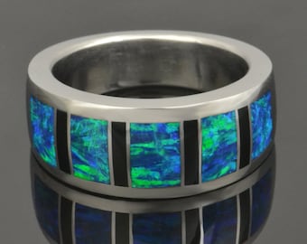 Lab Created Opal Ring with Black Onyx Inlaid In Sterling Silver