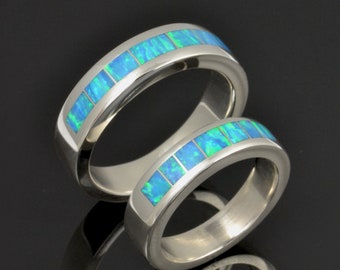 Lab Opal Wedding Ring Set Featuring Lab Created Opal Inlaid in Sterling Silver by Hileman Silver Jewelry