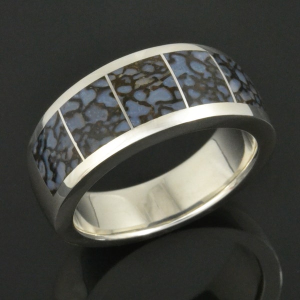 Blue Dinosaur Bone Wedding Ring In Sterling Silver