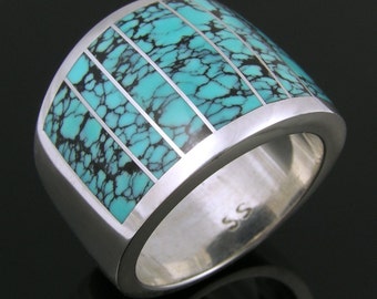 ターコイズ 風インレイ シルバーリング Sterling HH スターリングシルバーのスパイダーウェブ ターコイズ リング