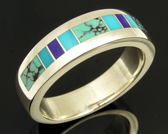 Man's sterling silver ring inlaid with spiderweb turquoise, lapis and turquoise.