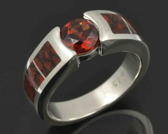 Dinosaur Bone Engagement Ring-  Garnet and Dinosaur Bone Engagement Ring in Sterling Silver- Dinosaur Bone Ring in Sterling Silver
