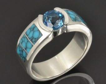Turquoise Wedding Band for Men with Blue Topaz in Sterling Silver by Hileman Silver Jewelry- Man's Turquoise Wedding Ring