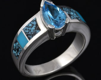 Turquoise Engagement Ring or Wedding Ring with Spiderweb Turquoise and Blue Topaz